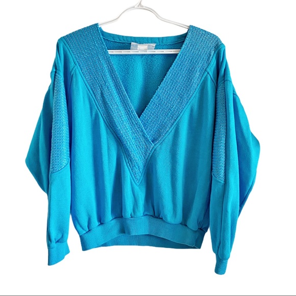 Vintage Sweaters - Vintage 80’s V neck cropped blue sweatshirt